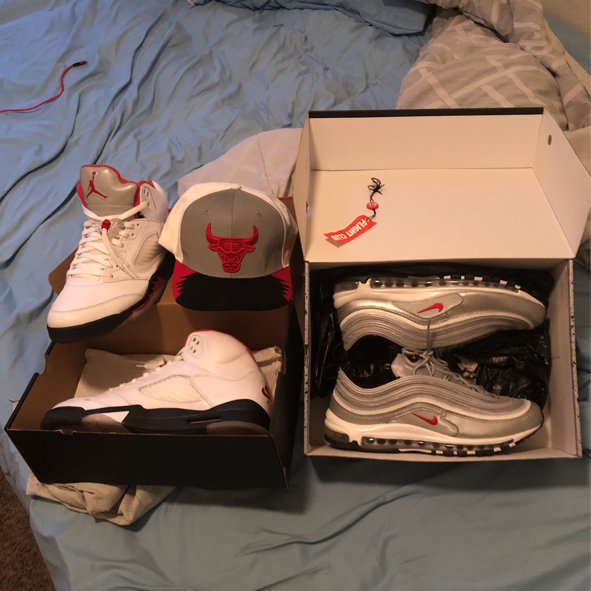 Jordan 5 2022 From Flight Cloud matching Mitchell And Ness Hat And Air Max 97 From Flight Club Both Literally Brand New 