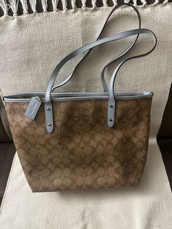 Coach New York SIG CITY Zip Leather Tote Bag  F58292 SV/Khaki Pale Blue