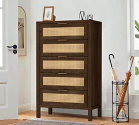 5-Drawer Rattan Dresser | Dark Walnut & Cane Weave | Tall Chest | Boho Bedroom