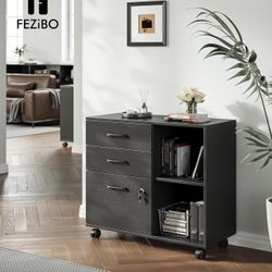 FEZIBO File Cabinets for Home Office, Printer Stand with Drawers, Locking File Cabinet with Open Storage Shelves, Mobile Lateral Filing Cabinet, Black