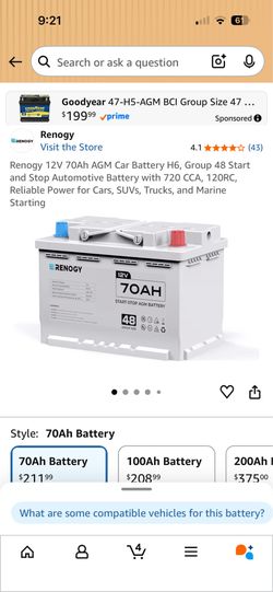 43) Renogy 12V 70Ah AGM Car Battery H6, Group 48 Start and Stop Automotive Battery with 720 CCA, 120RC, Reliable Power for Cars, SUVs, Trucks, and Mar