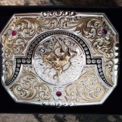 Belt Buckle.  Saddle Bronc. With 3 CZ Ruby's. 