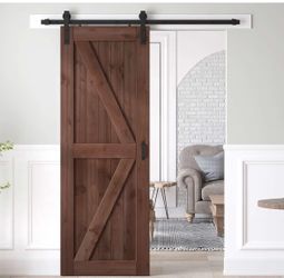 32x84 inch Sliding Barn Wood Door Slab with 5.5ft Hardware Kit and Handle, Coffee, K Shape - $50