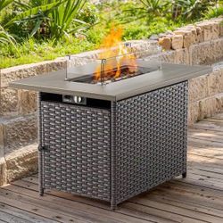 41 in. 50000 BTU Rectangle Brown Wicker Outdoor Gas Fire Pit Table with Volcanic Stone