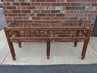 Large Mid Century Boho Chic Rattan Console Table with Glass Top.