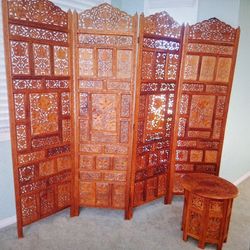 Vintage Pierced Teak Four Panel Room Divider Privacy Screen And Side Table Vintage 1970s