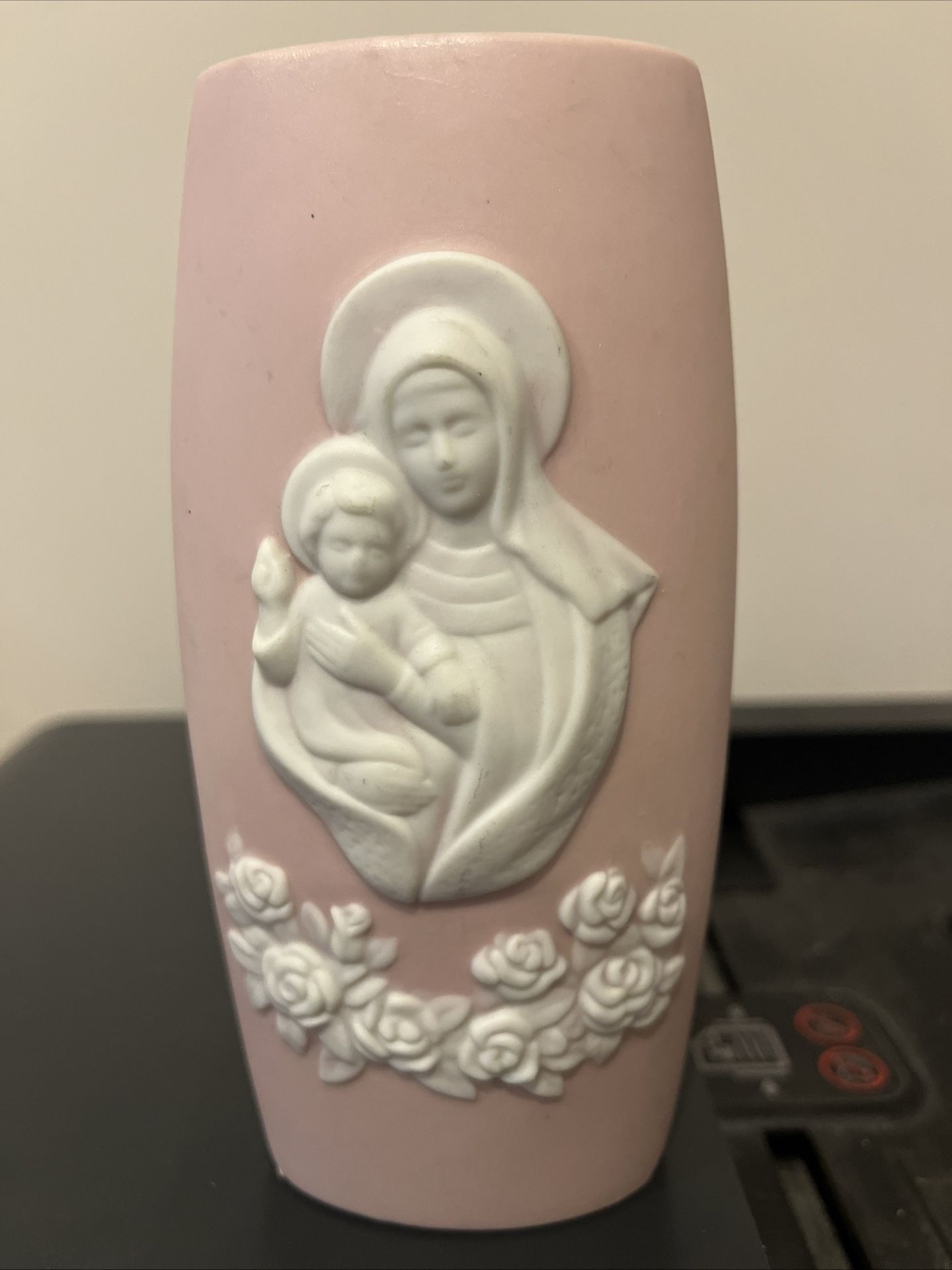 Vintage Mary And Jesus, Pink Ceramic Religious Vase