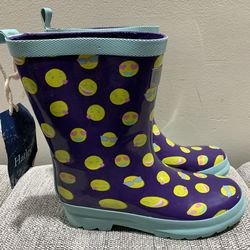 Brand new Hatley girls size 3 glossy purple with yellow Emoji faces waterproof Rain Boots.