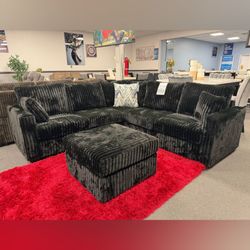 Black Corduroy Sectional Sofa with Ottoman