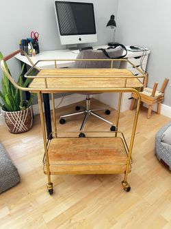 Beautiful! Rolling Gold and Wood Bar Cart