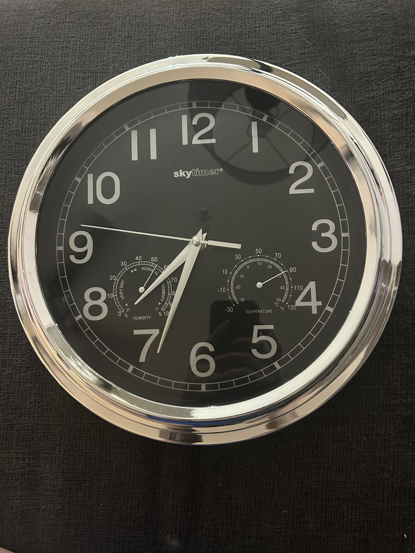 Skytimer Quartz Wall Clock With Thermometer Hygrometer Black Chrome White Number