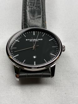 STUHRLING  QUARTZ DATE BLACK EMBOSSED LEATHER STRAP MENS WATCH