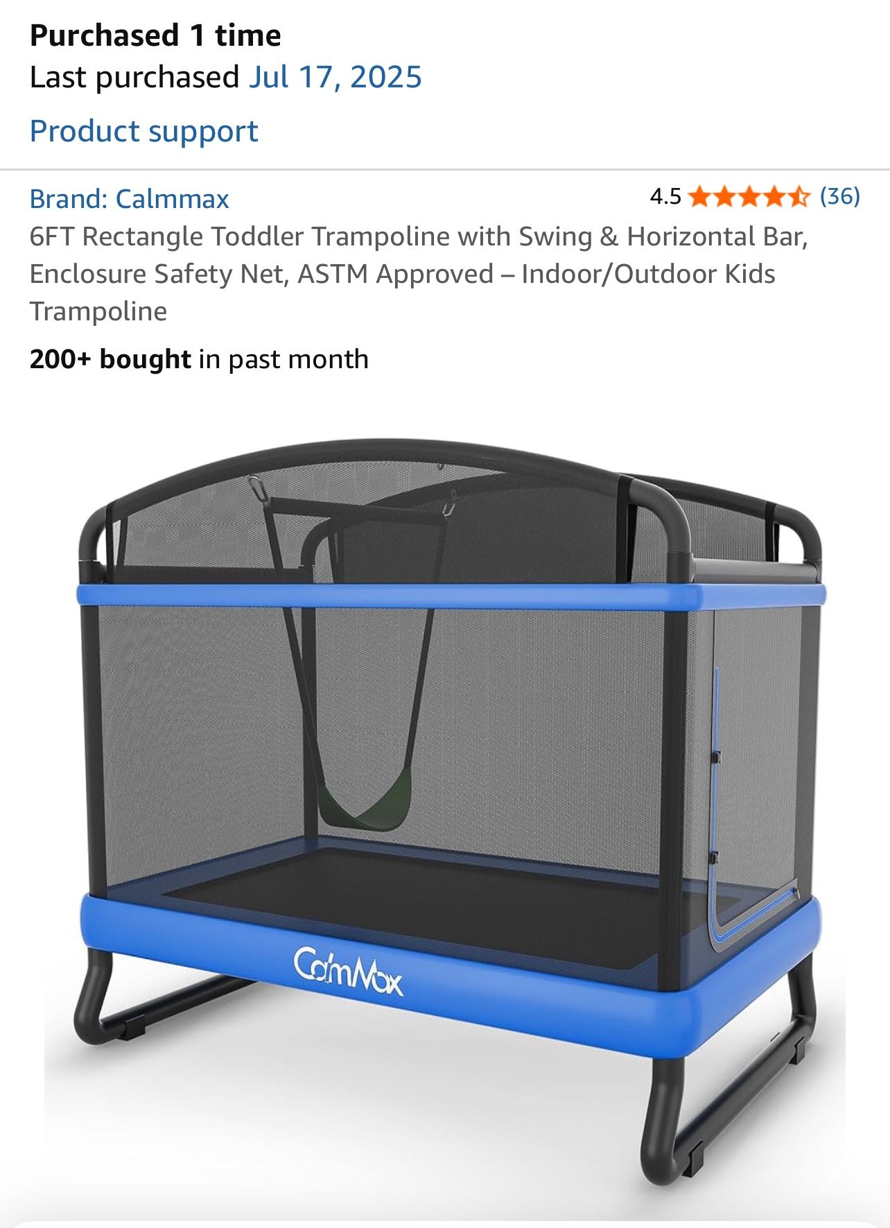 Brand New 6  FT Rectangle Toddler Trampoline with Swing & Horizontal Bar, Enclosure Safety Net, ASTM Approved