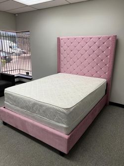 Pink Velvet Tufted Upholstered Bed Frame