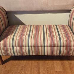 Settee / Upholstered  Striped Bench with Wooden Legs