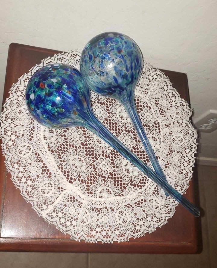 X2 BLOWN GLASS PLANT FLOWER WATERING BULB SET