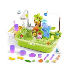 Play Sink with Running Water, Color Changing Play Sink with Upgraded Electric Faucet & Pump, Water Table for Toddlers 1-3, Pretend Play Kitchen 