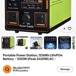 Portable Power Station, 1216Wh LiFePO4 Batter1200W (Peak 2400W) AC，Reinforced Metal Frame，Backup Power Supply，uitable for Outdoor Camping Home Power