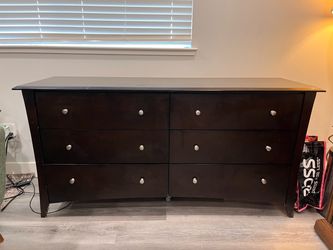 Dark wood 6 drawer dresser + night stand