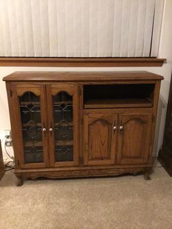 Oak Wood TV Console Cabinet with Glass Doors