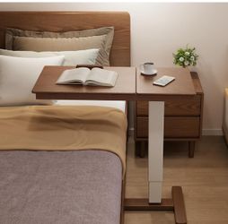 Muwuele Solid Wood Overbed Bedside Table with Wheels, Adjustable Medical Tilt Top Hospital Bed Table Over The Bed, Rolling Laptop Desk, Mobile Standin