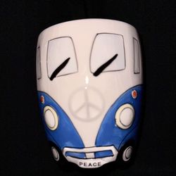 Retro Hippie Camper Bus Van VW style Ceramic Mug Blue White Peace Sign