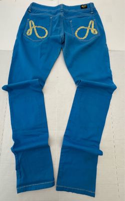 PreOwned Good Last 2 Photos Marks, Print Crack  I have not tried to remove marks Akademiks  Denim Skinny Jeans  Embroidered  Blue Gold  Women  Size 28