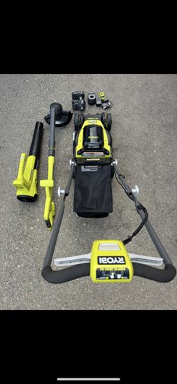 Ryobi ONE+ HP 18V Brushless 13in. Cordless Battery Walk Behind Push Lawn Mower, Blower & String Trimmer