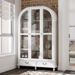 White 77.2 in. Arch Top Curio Cabinet
