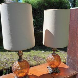 Pair Of Vintage Amber Glass Lamps 