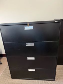 Two HON 4-Drawer Black Lateral File Cabinets