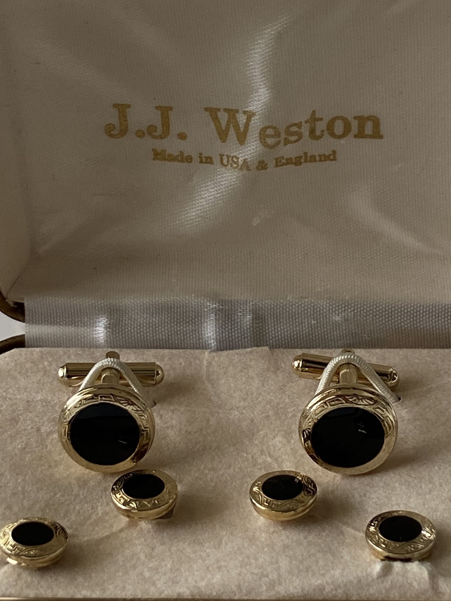 Vintage JJ Weston Gold Onyx Cufflinks And Buttons Menswear With Gold Case