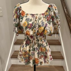 Silk Cream Floral Smocked Peasant Blouse