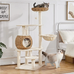 54″ Tall Rattan Cat Tree, Cat House with Natural Sisal Scratching Post