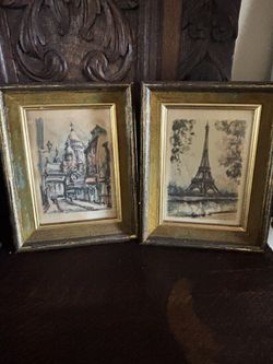Vintage Paris Eiffel Tower And Basilica By Parisian Artist Marius Girard