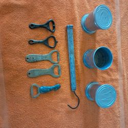 Vintage Collapsible Drinking Cups, Bottle Openers, Fishing Scale 