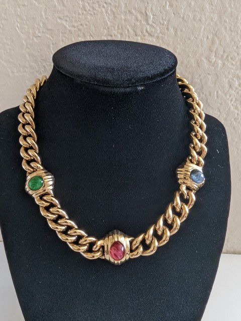 Carolee Signed Vintage Gold Necklace with Three Stones