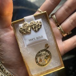 Heart Nugget Earrings & The World is Yours Pendant 10kt Gold