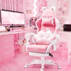 Vigosit Cat Ears Pink Gaming Chair PU Leather Ergonomic Adjustable Office Desk Computer Chairs for Gamers Adults 360 Degree Swivel Recliner 45in Heigh