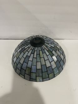 Meyda Tiffany-style blue slain glass lamp shade in a geometric pattern 14.5” D H