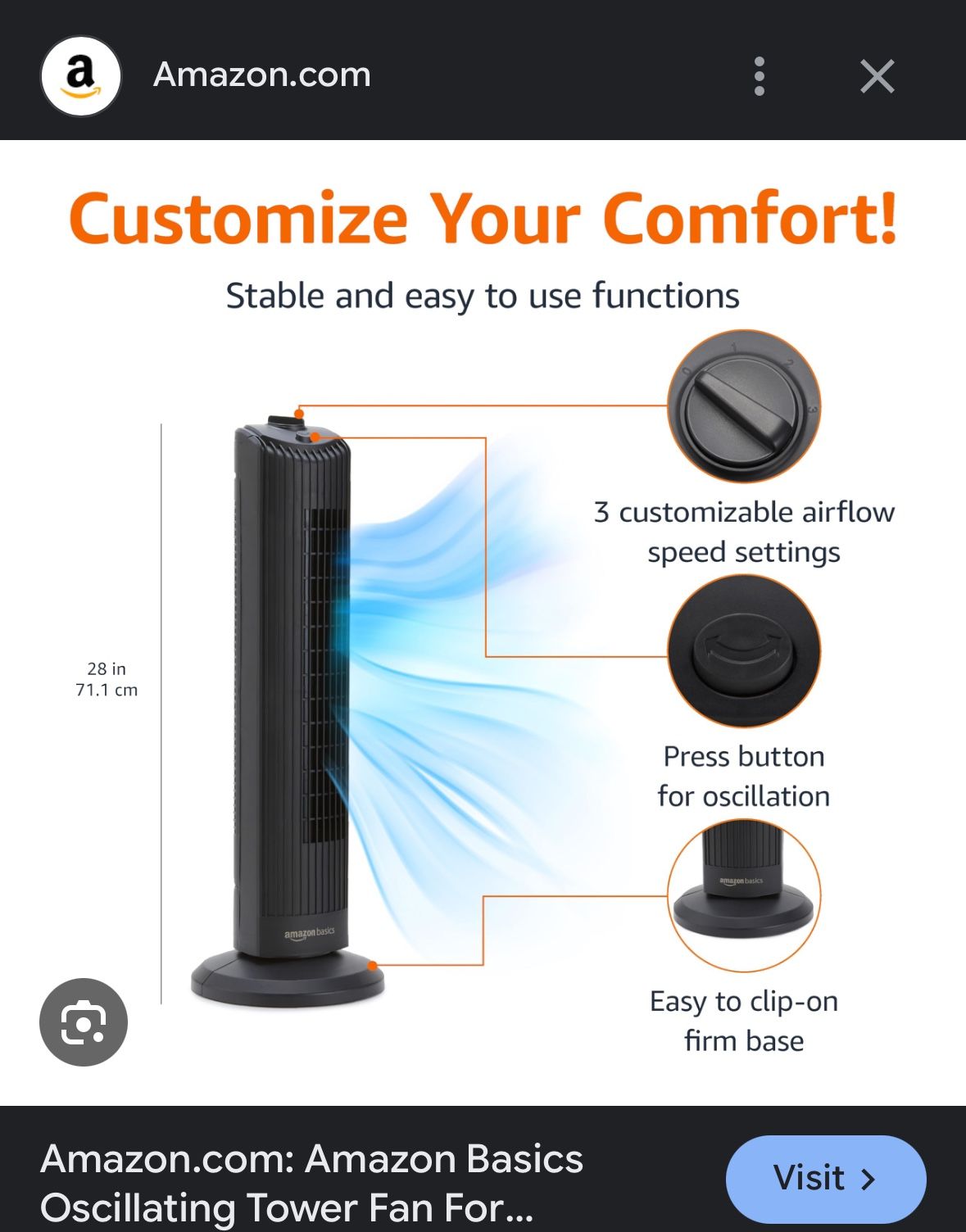 Tower Fan - Manual Three Speed Oscillating, Black