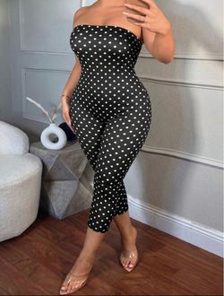 Sz 1XL Black White Polka Dot Strapless Jumpsuit