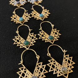 Sacred Sri Yantra Earrings w/gemstone~ Brass (gold color)