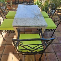 Beautiful Outdoor White With Black Lightning Design MARBLE TABLE with 6 Heavy Solid Big Iron Chairs With New Custom Made Cushions H31",W35"L63" 