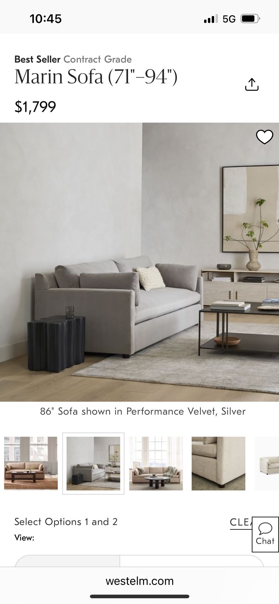 West Elm Marin Couch In Gray Velvet