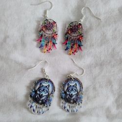 Two Pairs of Bohemian Style Acrylic Dreamcatcher Wolf Earrings
