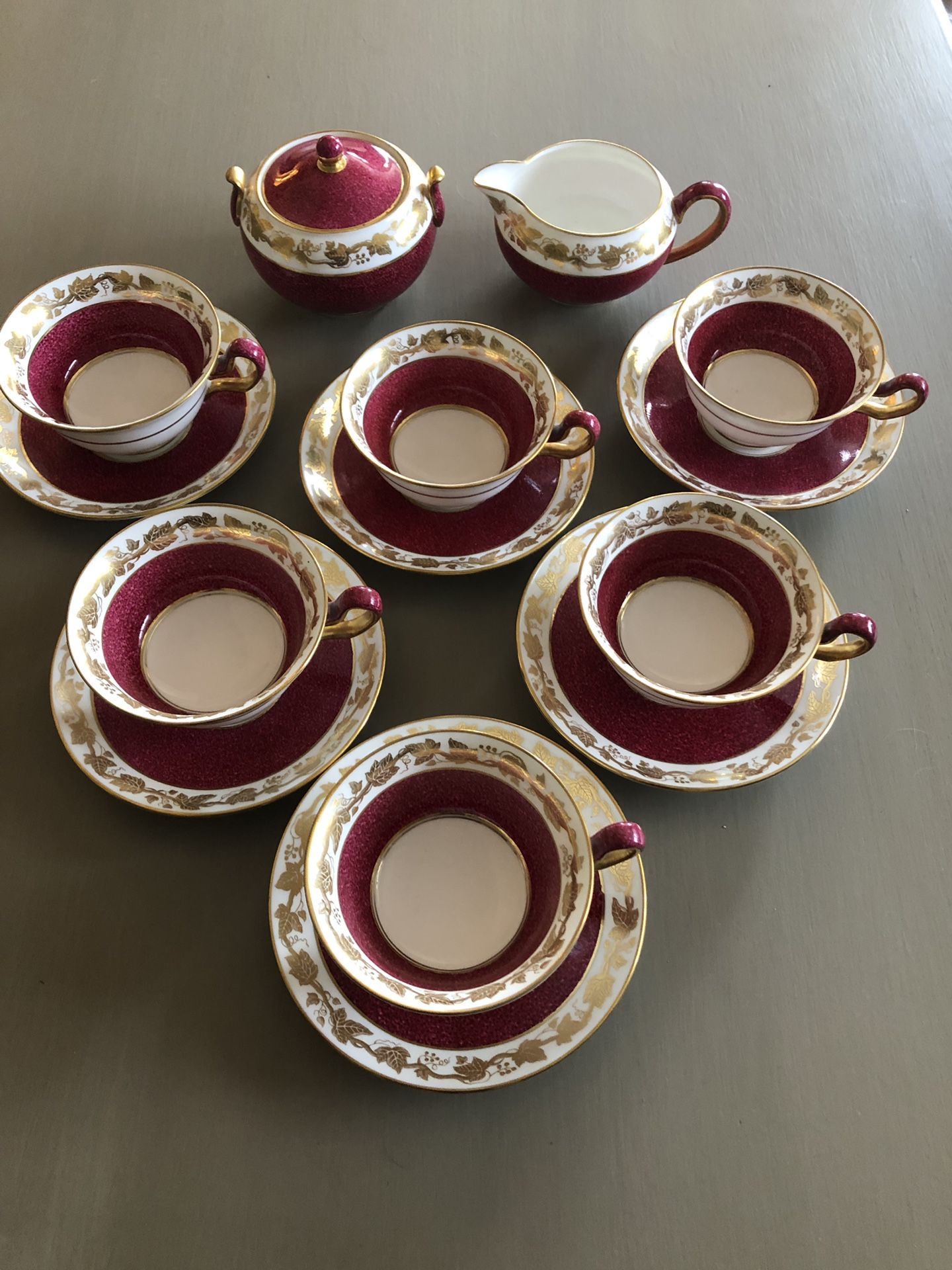 6 Antique Cup and Saucers with Creamer and Sugar Bowl