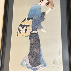 Rare Hisashi Otsuka  in blue kimono flamed art signed by the artist