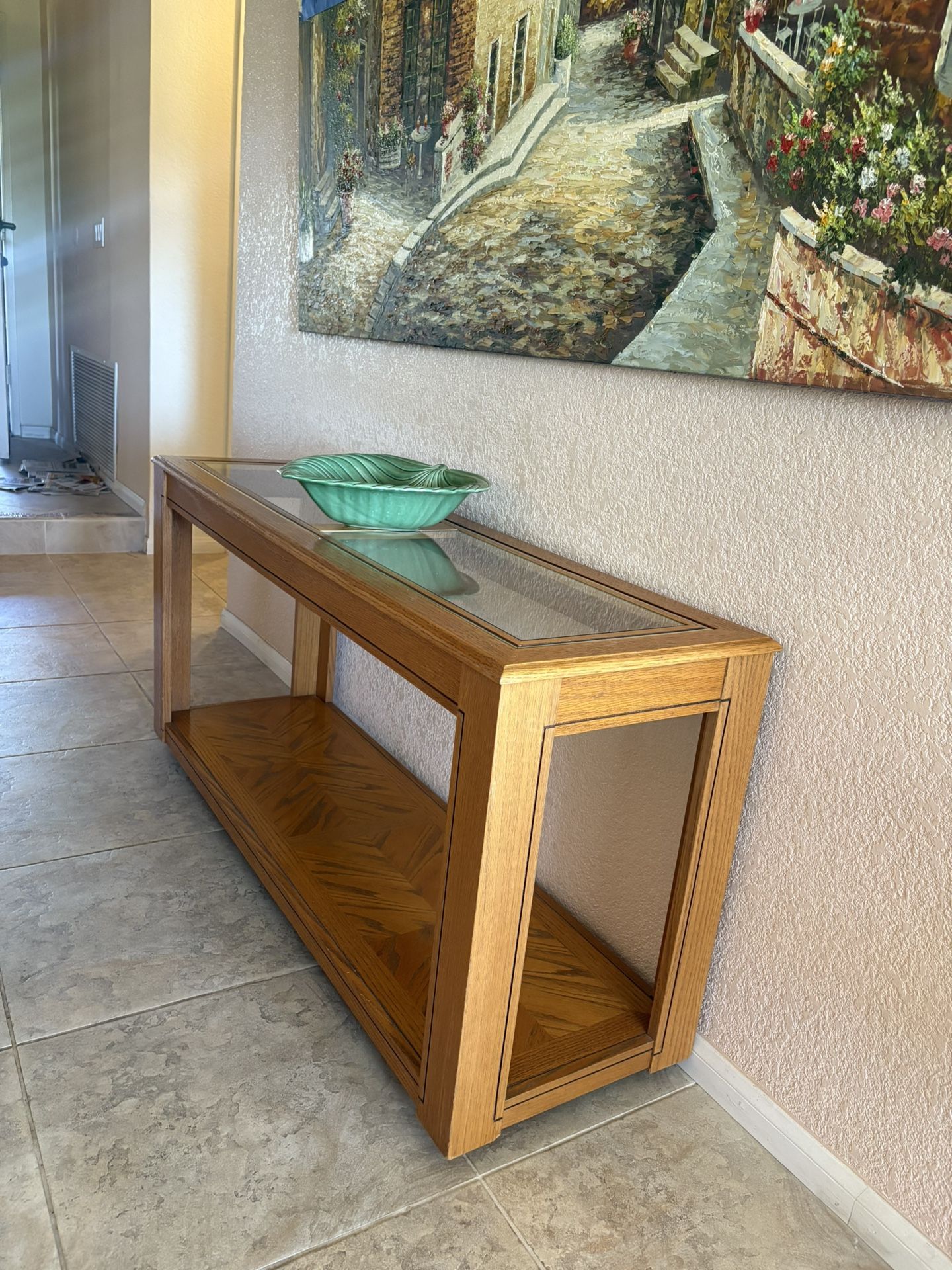 Free Glass-Top Console / Sofa Table – Oak Wood with Lower Shelf
