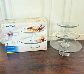 VTG Anchor Hocking Crystal Glass 3 Tiered Dessrt Platter Compote set
